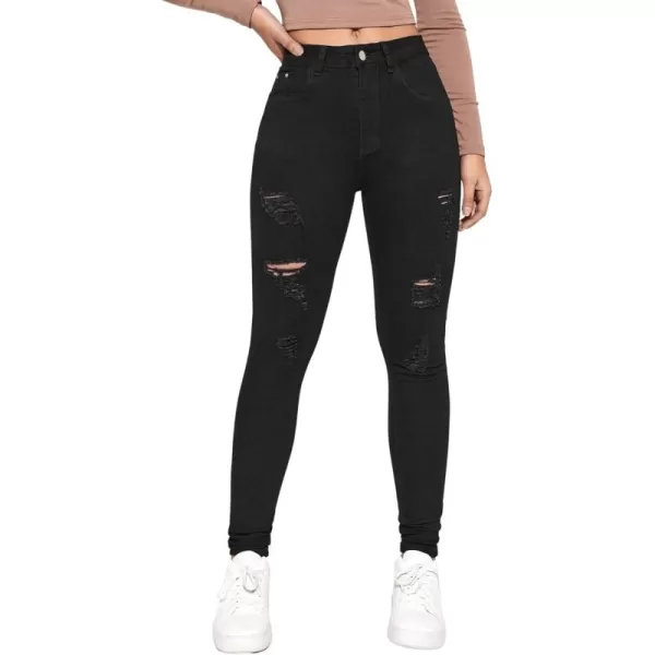 SweatyRocks Women's Casual High Waist Ripped Skinny Jeans Distressed Denim Pants