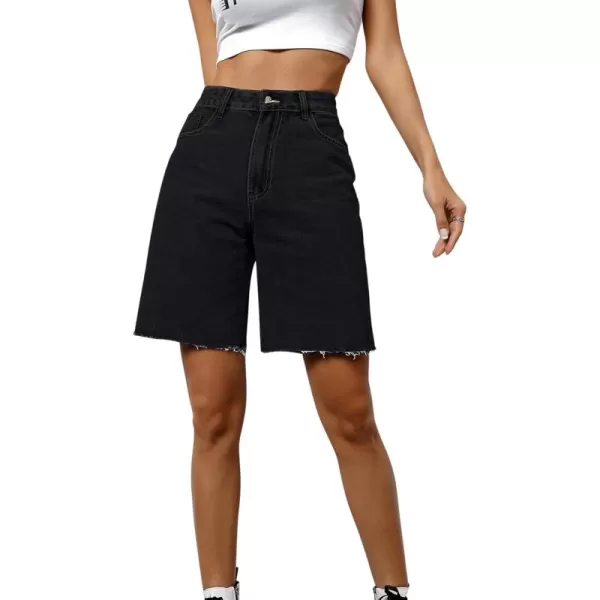 SweatyRocks Women's Casual High Waist Straight Leg Jean Shorts Raw Hem Denim Bermuda Shorts