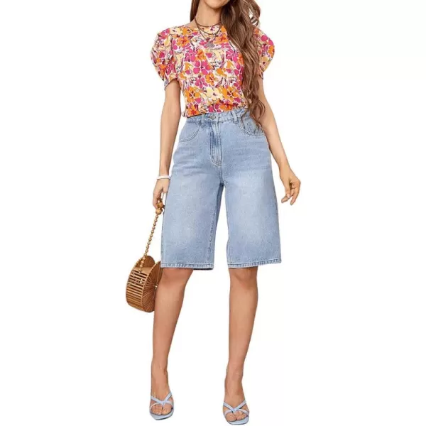 SweatyRocks Women's Casual High Waist Straight Leg Jean Shorts Raw Hem Denim Bermuda Shorts