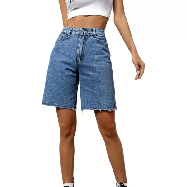 SweatyRocks Women's Casual High Waist Straight Leg Jean Shorts Raw Hem Denim Bermuda Shorts