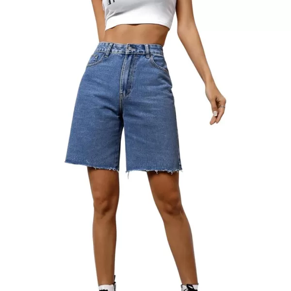 SweatyRocks Women's Casual High Waist Straight Leg Jean Shorts Raw Hem Denim Bermuda Shorts