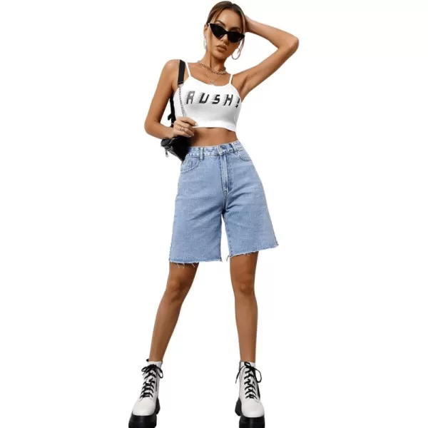 SweatyRocks Women's Casual High Waist Straight Leg Jean Shorts Raw Hem Denim Bermuda Shorts