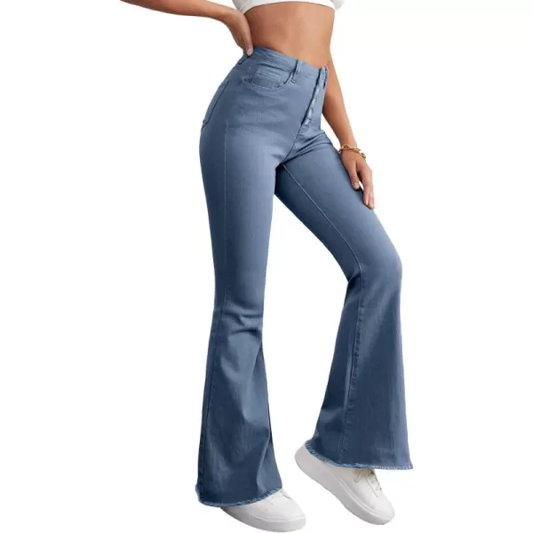 SweatyRocks Women's Casual High Waisted Flare Leg Jeans Raw Hem Bell Bottom Denim Pants