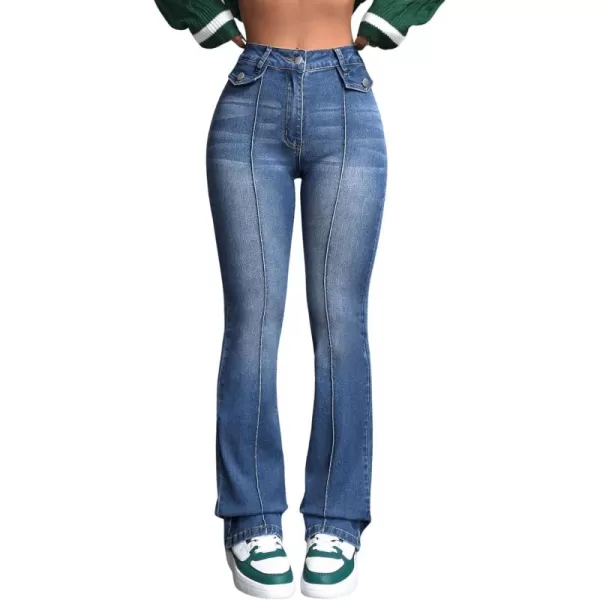 SweatyRocks Women's Casual High Waisted Flare Leg Jeans Raw Hem Bell Bottom Denim Pants