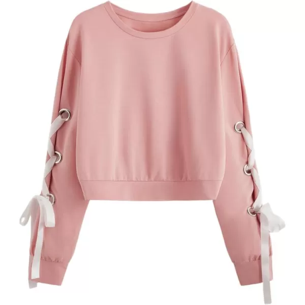 SweatyRocks Women's Casual Lace Up Long Sleeve Pullover Crop Top Sweatshirt