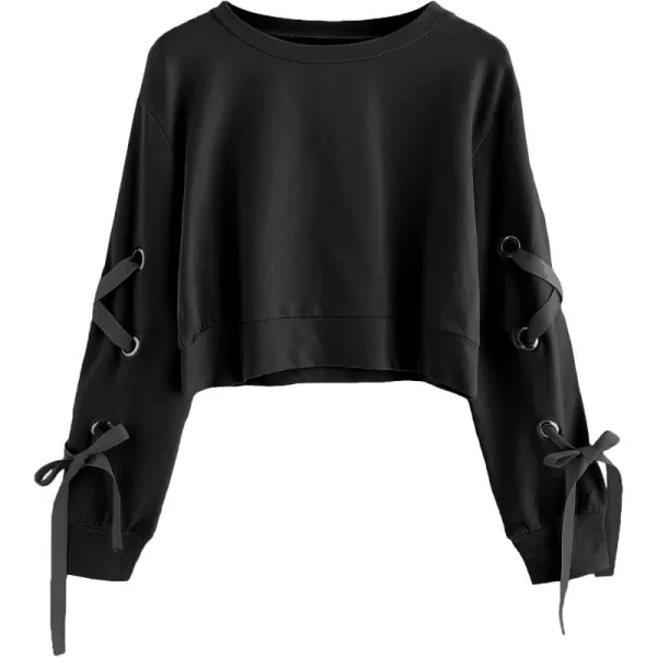 SweatyRocks Women's Casual Lace Up Long Sleeve Pullover Crop Top Sweatshirt