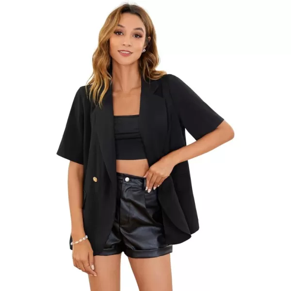 SweatyRocks Women's Casual Lapel Neck Pocket Blazer Short Sleeve Button Down Work Office Blazer Jacket