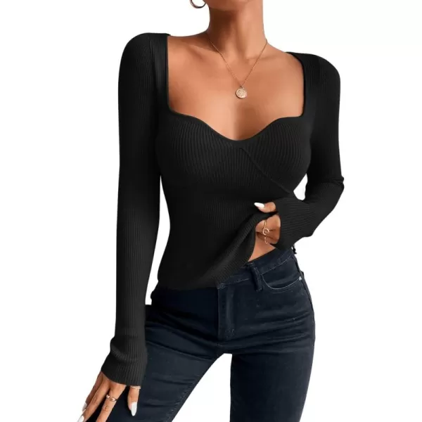 SweatyRocks Women's Casual Long Sleeve Sweetheart Neck Ribbed Knit Top Slim Fit Pullover Sweater