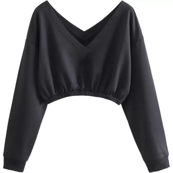 SweatyRocks Women's Casual Long Sleeve V Neck Crop Top Solid Pullover Sweatshirt