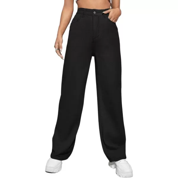 SweatyRocks Women's Casual Loose High Waist Solid Straight Wide Leg Jeans