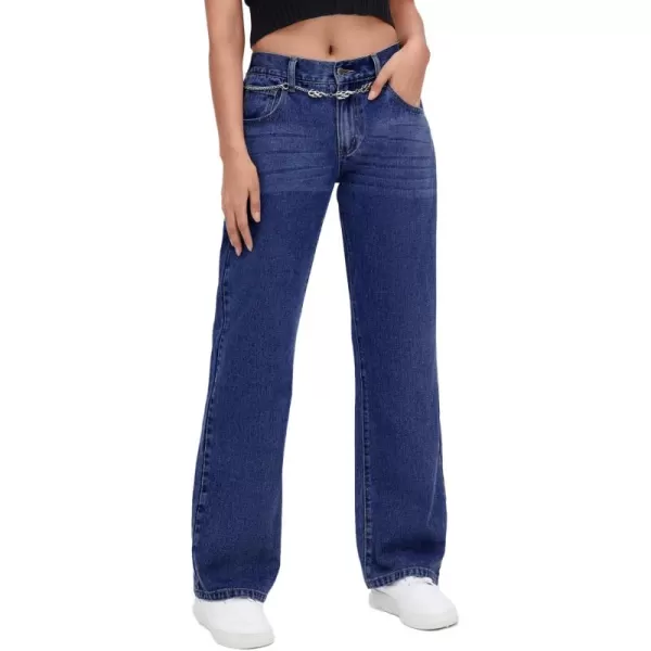 SweatyRocks Women's Casual Low Rise Wide Leg Jeans Chain Straight Leg Denim Pants with Pockets
