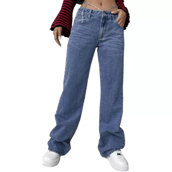 SweatyRocks Women's Casual Low Rise Wide Leg Jeans Chain Straight Leg Denim Pants with Pockets