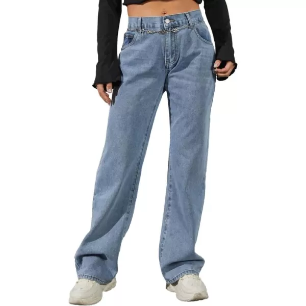 SweatyRocks Women's Casual Low Rise Wide Leg Jeans Chain Straight Leg Denim Pants with Pockets