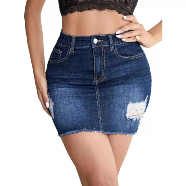 SweatyRocks Women's Casual Ripped Jean Skirt High Waist Raw Hem Mini Denim Skirts