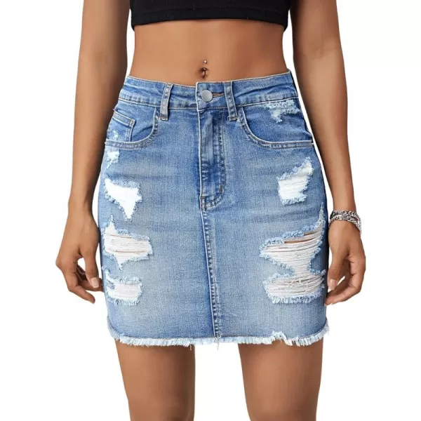 SweatyRocks Women's Casual Ripped Jean Skirt High Waist Raw Hem Mini Denim Skirts