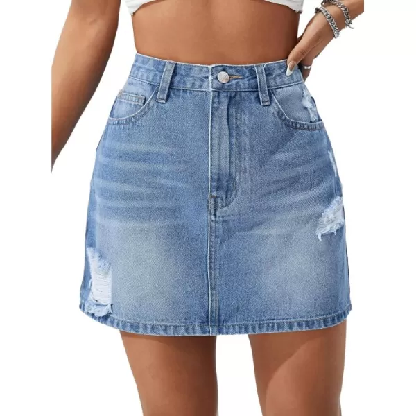 SweatyRocks Women's Casual Ripped Jean Skirt High Waist Raw Hem Mini Denim Skirts