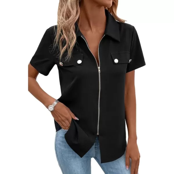 SweatyRocks Women's Casual Short Sleeve Collared Top Button Front Full Zip Up Tee Shirt