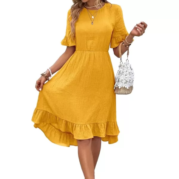 SweatyRocks Women's Casual Short Sleeve Ruffle Hem Dress Round Neck High Waist A Line Midi Dresses