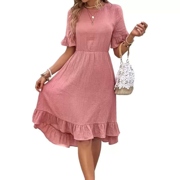 SweatyRocks Women's Casual Short Sleeve Ruffle Hem Dress Round Neck High Waist A Line Midi Dresses