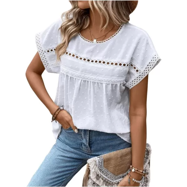 SweatyRocks Women's Casual Short Sleeve Summer Top Round Neck Lace Crochet Blouse Swiss Dots Blouse Tops