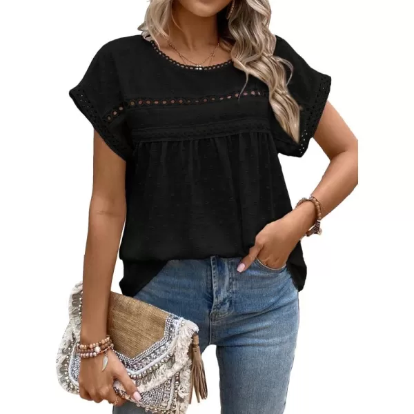 SweatyRocks Women's Casual Short Sleeve Summer Top Round Neck Lace Crochet Blouse Swiss Dots Blouse Tops