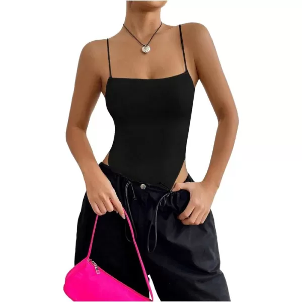 SweatyRocks Women's Casual Spaghetti Strap Backless High Cut Solid Cami Bodysuit