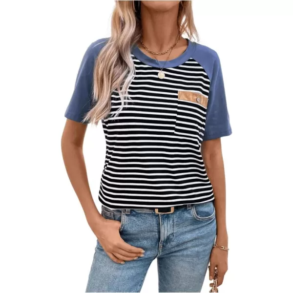 SweatyRocks Women's Casual Striped Print Short Raglan Sleeve Tee Shirt Round Neck Basic Tops with Pocket