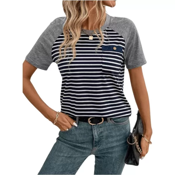 SweatyRocks Women's Casual Striped Print Short Raglan Sleeve Tee Shirt Round Neck Basic Tops with Pocket
