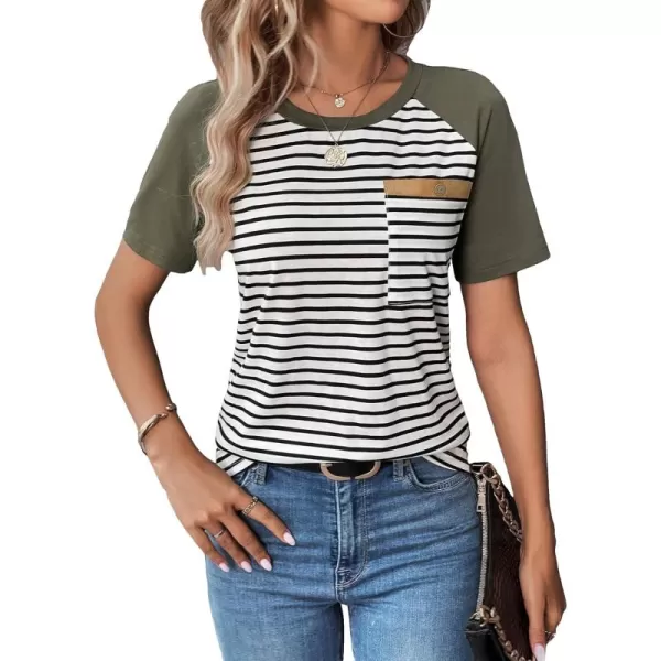 SweatyRocks Women's Casual Striped Print Short Raglan Sleeve Tee Shirt Round Neck Basic Tops with Pocket