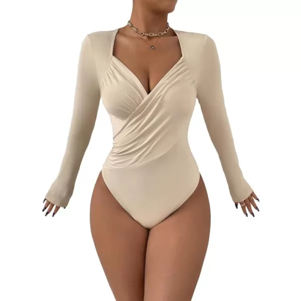 SweatyRocks Women's Casual Sweetheart Neck Long Sleeve Bodysuit Top Wrap Ruched Slim Fit Bodysuit Jumpsuit