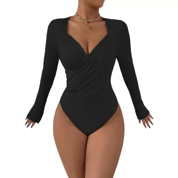 SweatyRocks Women's Casual Sweetheart Neck Long Sleeve Bodysuit Top Wrap Ruched Slim Fit Bodysuit Jumpsuit