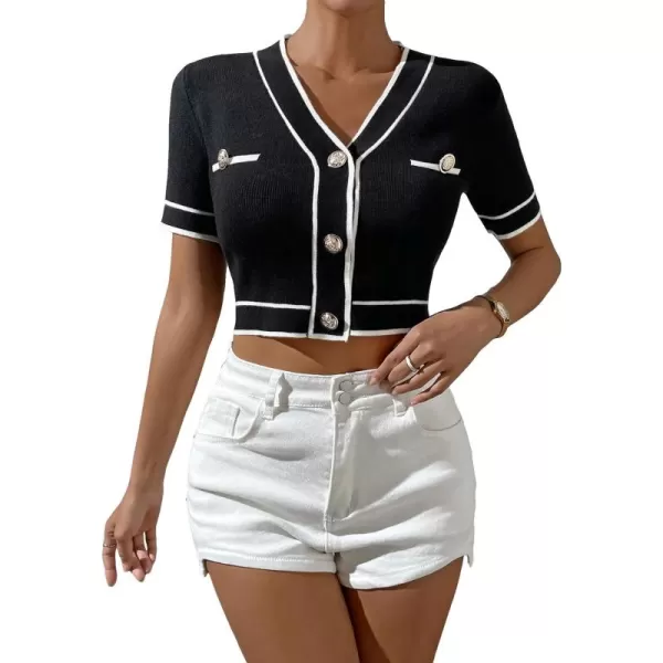 SweatyRocks Women's Casual V Neck Short Sleeve Cardigan Button Front Slim Fit Crop Knit Top