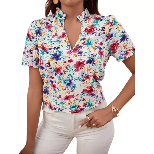 SweatyRocks Women's Casual V Neck Short Sleeve Frill Trim Blouse Shirt Top