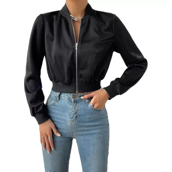 SweatyRocks Women's Casual Zip Up Long Sleeve Cropped Jackets Solid Outwear Coat Bomber Jacket