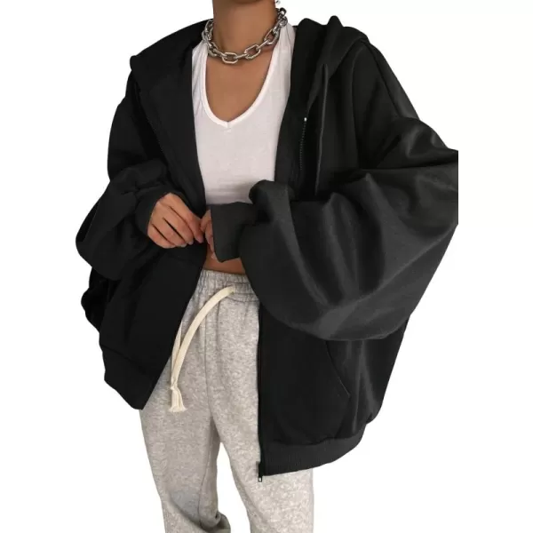 SweatyRocks Women's Causal Drop Shoulder Long Sleeve Sweatshirts Oversized Full Zip Solid Hoodie with Pocket