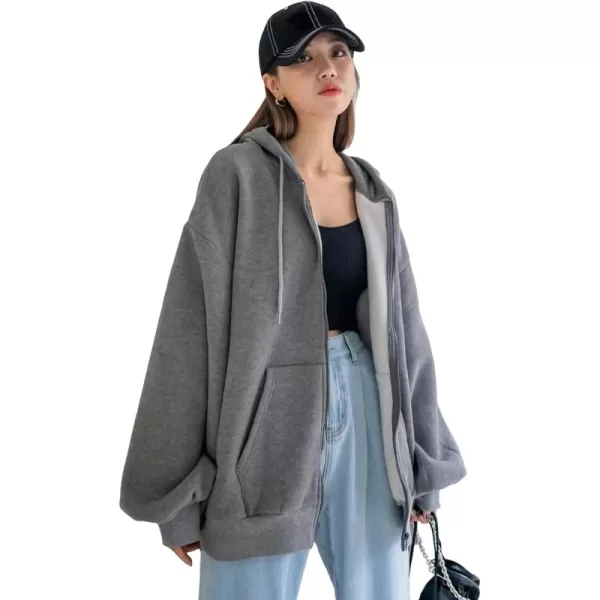 SweatyRocks Women's Causal Drop Shoulder Long Sleeve Sweatshirts Oversized Full Zip Solid Hoodie with Pocket