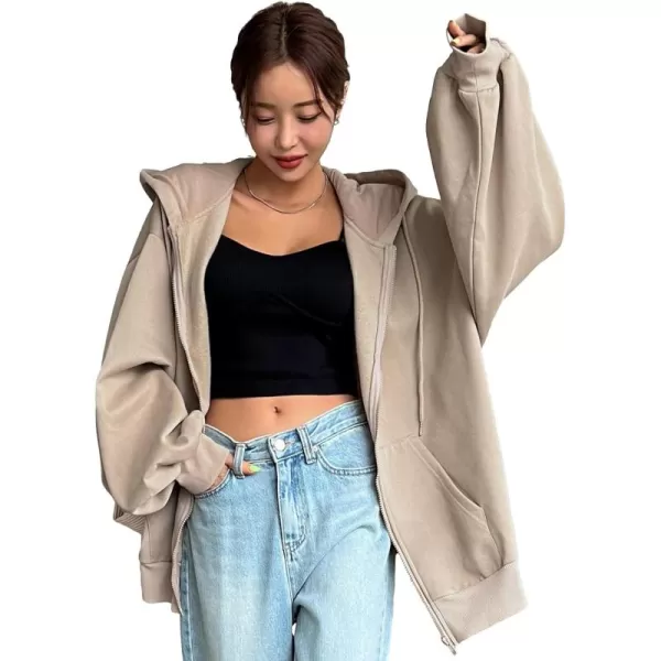 SweatyRocks Women's Causal Drop Shoulder Long Sleeve Sweatshirts Oversized Full Zip Solid Hoodie with Pocket