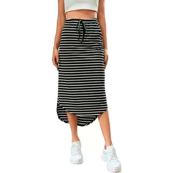 SweatyRocks Women's Causal High Waist Midi Skirt Drawstring Solid Athletic Skirt with Pockets