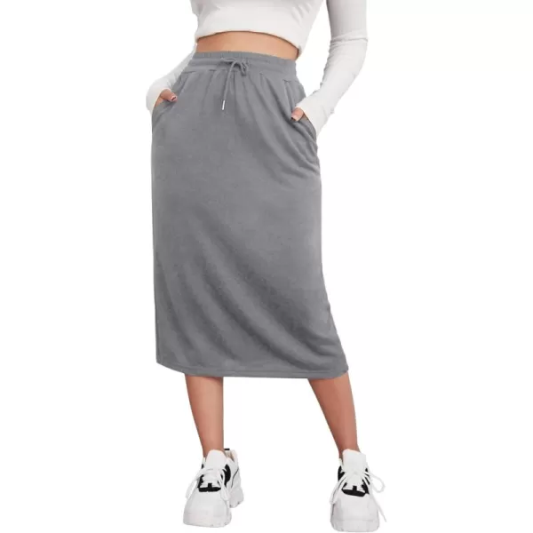 SweatyRocks Women's Causal High Waist Midi Skirt Drawstring Solid Athletic Skirt with Pockets