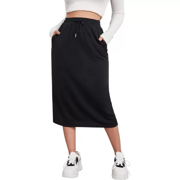 SweatyRocks Women's Causal High Waist Midi Skirt Drawstring Solid Athletic Skirt with Pockets