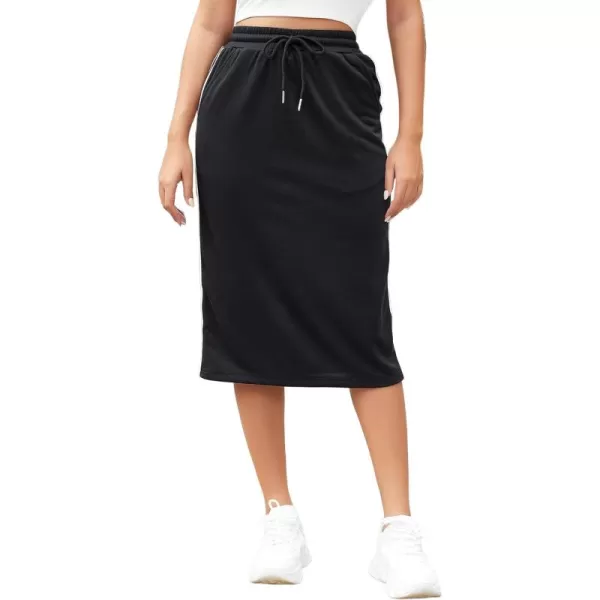 SweatyRocks Women's Causal High Waist Midi Skirt Drawstring Solid Athletic Skirt with Pockets