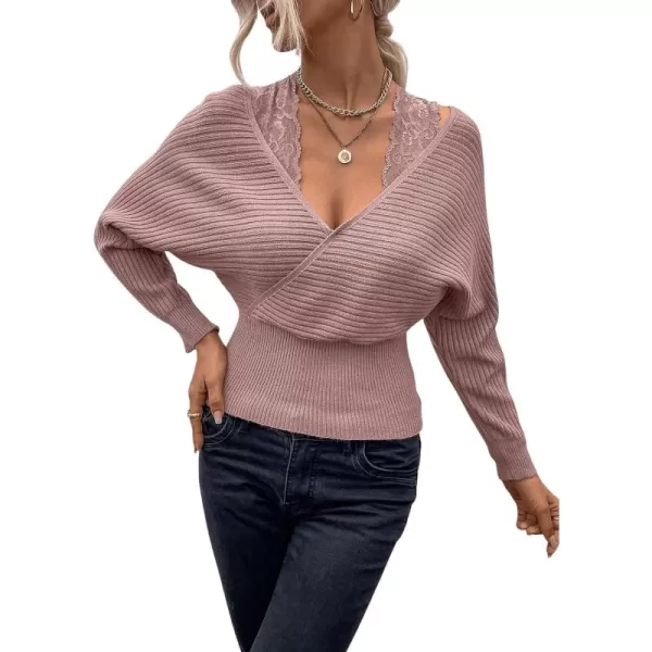 SweatyRocks Women's Cold Shoulder Dolman Long Sleeve Wrap Front Sweater Contrast Lace Knitted Pullover Top