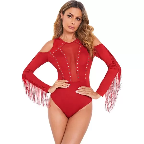 SweatyRocks Women's Cold Shoulder Fringe Long Sleeve Sheer Mesh Jumpsuit Bodysuit