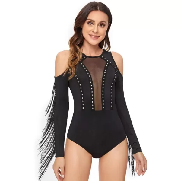 SweatyRocks Women's Cold Shoulder Fringe Long Sleeve Sheer Mesh Jumpsuit Bodysuit