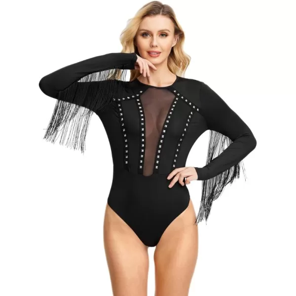 SweatyRocks Women's Cold Shoulder Fringe Long Sleeve Sheer Mesh Jumpsuit Bodysuit