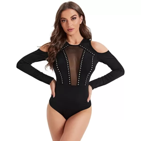 SweatyRocks Women's Cold Shoulder Fringe Long Sleeve Sheer Mesh Jumpsuit Bodysuit