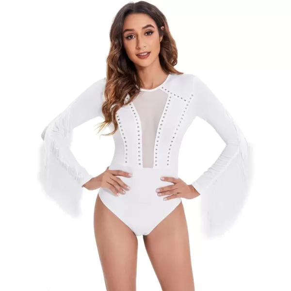 SweatyRocks Women's Cold Shoulder Fringe Long Sleeve Sheer Mesh Jumpsuit Bodysuit