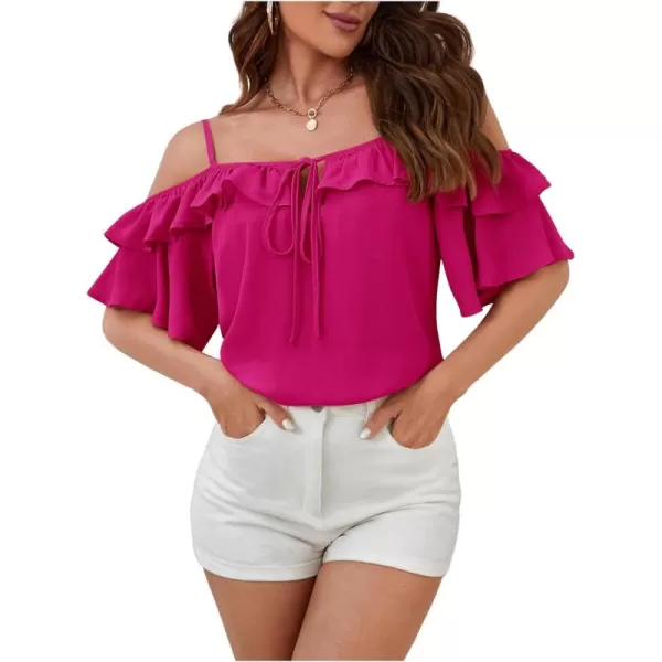 SweatyRocks Women's Cold Shoulder Ruffle Trim Blouse Half Sleeve Tie Front Shirts