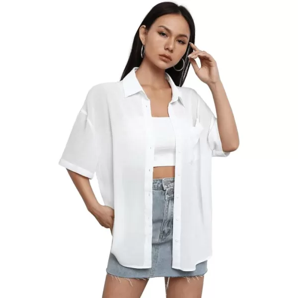 SweatyRocks Women's Collared Half Sleeve Button Down Shirt Casual Sheer Blouse Top