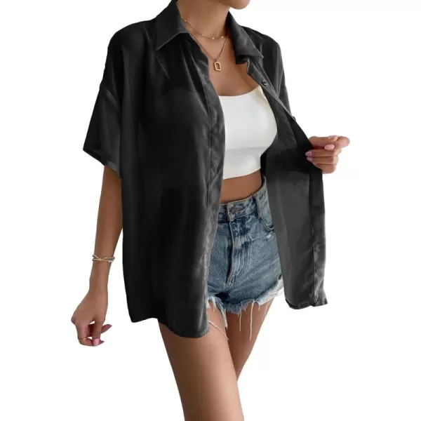 SweatyRocks Women's Collared Half Sleeve Button Down Shirt Casual Sheer Blouse Top